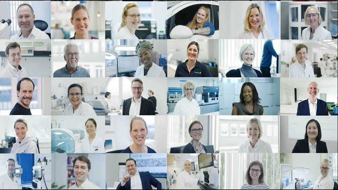 Eine Collage von verschiedenen Fachleuten, die meist lächeln, in hellen Labor- und Büroumgebungen, in Laborkitteln oder Geschäftskleidung, die Teamarbeit und positive Energie am Arbeitsplatz demonstrieren.